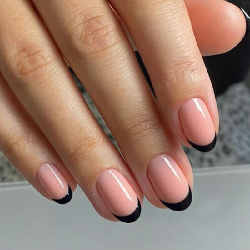 modelones Black French Tip Press On Nails, Short Oval Fake Nails Press Ons with Nail Glue, Adhesive Tabs, Nail File, Prep Pad, Manicure Stick, 32Pcs 16 Sizes, Women Girl Gift