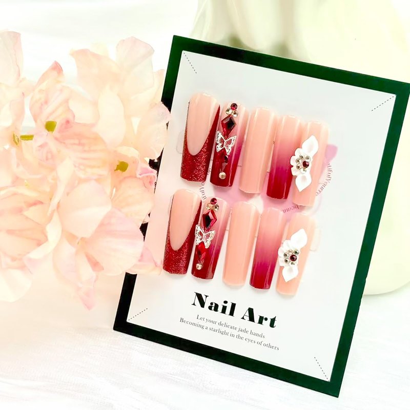24Pcs Red French Tip Press on Nails Long Square Fake Nails 3D Flower False Nails with Glitter Butterfly Rhinestones Red Gems Design Full Cover Glue on Nail Artificial Stick on Nails for Women Manicure