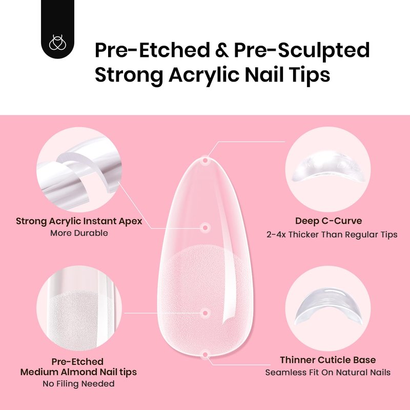 Beetles Tipex Instant Apex Nail Tips Medium Almond: 512 Pcs 16 Sizes Pre-Building Pre-Etched Full Cover Half Matte -Thick Acrylic Nail Tips