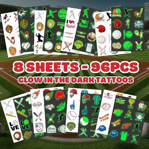 96PCS Baseball Pre-Cut Temporary Tattoos for Kids - Sports Themed Birthday Party Supplies, Fun Stickers for Boys & Girls, Party Favors, School Prizes, Summer Olympic Gifts (Glow in the dart)