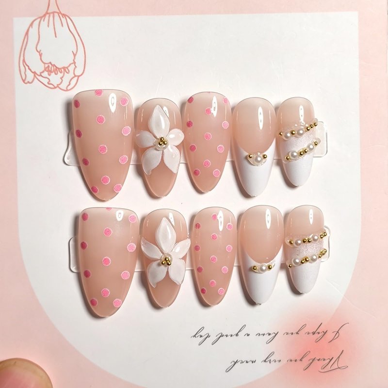 French Tip Press-On Nails - 30 Pcs Long Almond Design with 3D Flowers & Pearls | Glossy Stiletto for Spring Summer Manicure