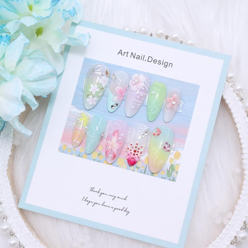24Pcs Colorful Summer Press on Nails Medium Almond Fake Nails Peach Blossom with Bow Seashell Rhinestones Pearl Designs Pink Flower Full Cover Glue on Nail Cute False Nails for Women Acrylic Manicure