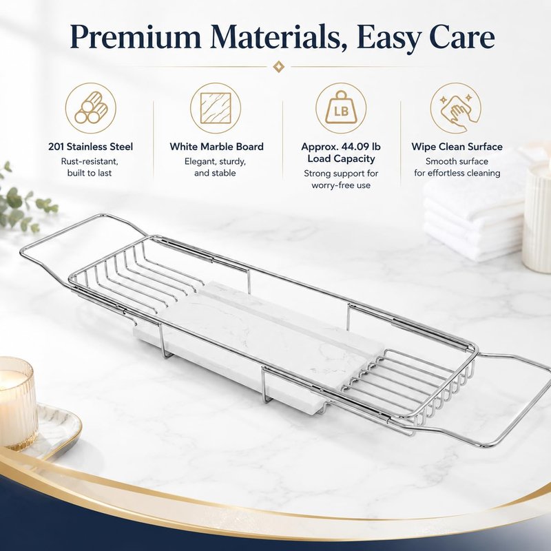 Expandable Bathtub Tray, Stainless Steel Bath Table Tray with Marble Board, Modern Luxury Bathtub Shelf for Bathrooms, Kitchen Sink (Silver+White)