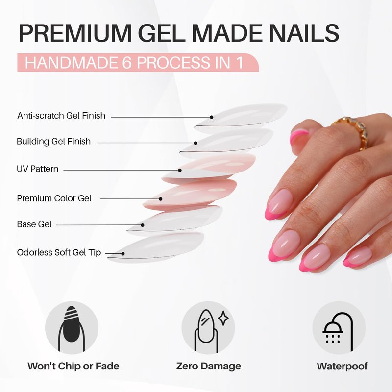 Pink French Tip Press on Nails Almond - SHANGMENG Soft Gel Press on Nails Short for Women Gift, Naturally Fit Glue on Nails in 16 Sizes - 32 Reusable Fake Nails Kit with Glue, Dolce Pink