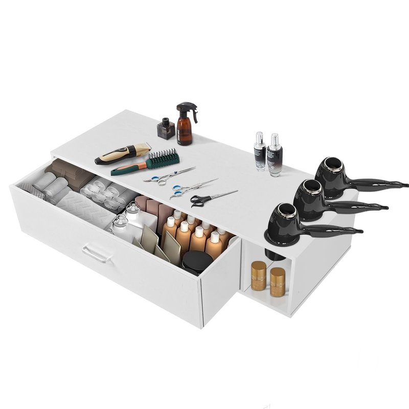 4ever2buy Wall Mount Salon Station, 36" White Barber Station Organizer with Drawer and Shelves, Hair Salon Station with 3 Dryer Holders, Salon Station Wall Mount for Hair Stylist