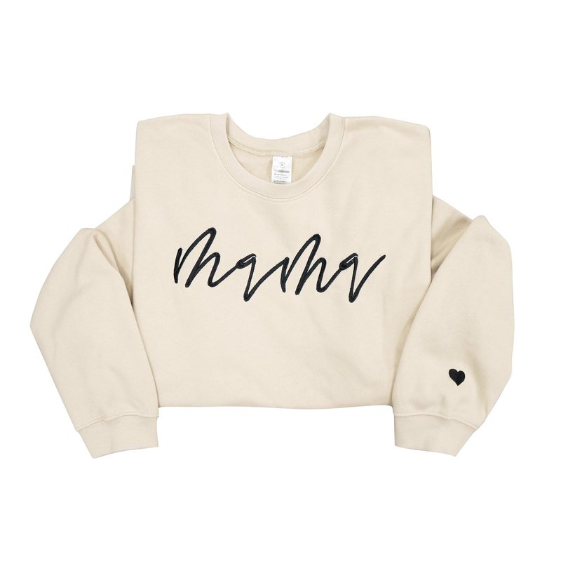 Nani - Mama Mom Mommy Embroidered Crewneck Sweatshirt Heart On Sleeve for Women - Gifts For New Mom Mama Birthday Christmas Mothers Day Valentine Embroidery Pullover Sweater Shirt Sand