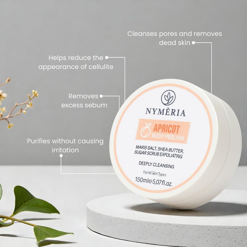 NYMERIA Apricot Body Peeling – Exfoliating Sugar & Salt Body Scrub with Shea Butter & Hyaluronic Acid, Deep Cleansing & Hydrating Formula for Smooth, Glowing Skin, 5 fl oz / 150 ml