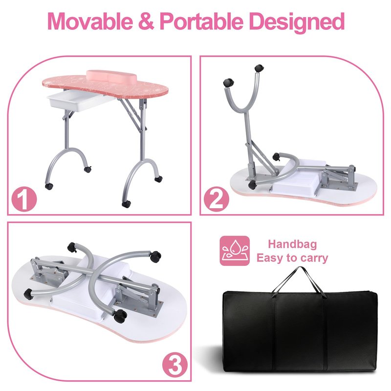 Senrob Portable Foldable Nail Desk for Nail Techs Manicure Table with Drawer & Wrist Rest, Wheeled Nail Tech Workstation (Pink)