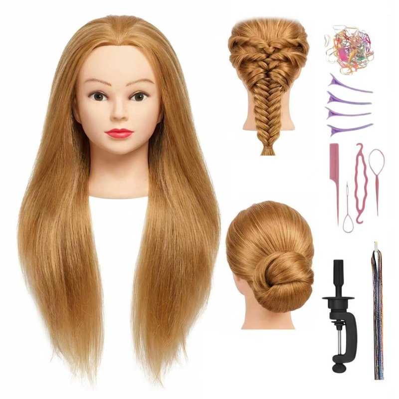 80% Real Hair Mannequin Head for Kids Braiding, Practice Training Doll Head for Hairstyle Styling Braiding Cosmetology (golden-26-28)