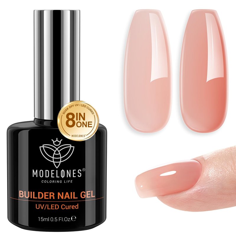 Modelones Builder Nail Gel - 8-in-One Sheer Nude Pink Rubber Base for Apex Building | LED Cured Strengthener
