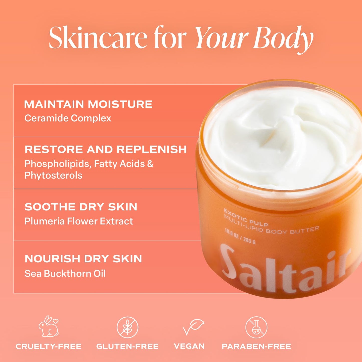 Saltair Multi-Lipid Body Butter – Hydrating 24-Hour Moisture – Body Cream for Soft Skin & Barrier Support – Ceramides, Coconut Oil & Shea Butter for Dry Skin Care – Exotic Pulp, 10oz