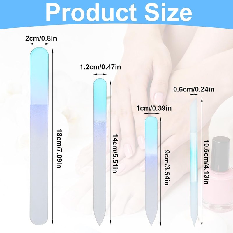 Glass Nail File Set - 4 Pcs Double-Sided Crystal Buffers & Cuticle Pushers | Gradient Blue Manicure Tools