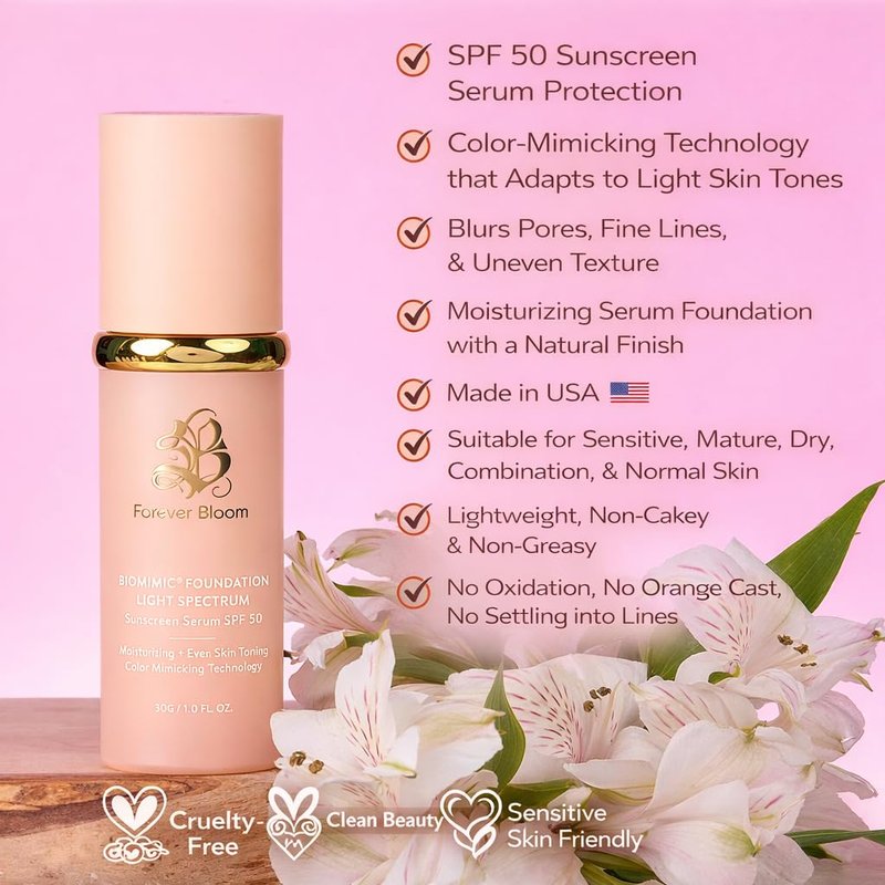 Bio Mimic Foundation SPF 50 - Hydrating, Lightweight Formula for Mature, Sensitive Skin | Perfect for Active Lifestyles