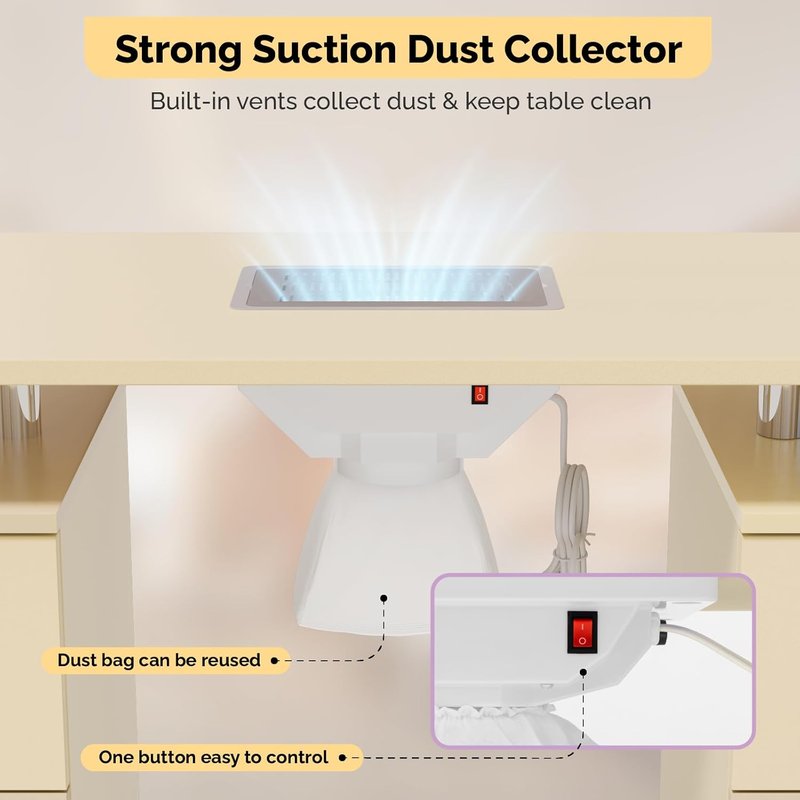 OmySalon Nail Desk - Electric Dust Collector Manicure Table with Storage & Wheels | Almond Cream, 42.5''L