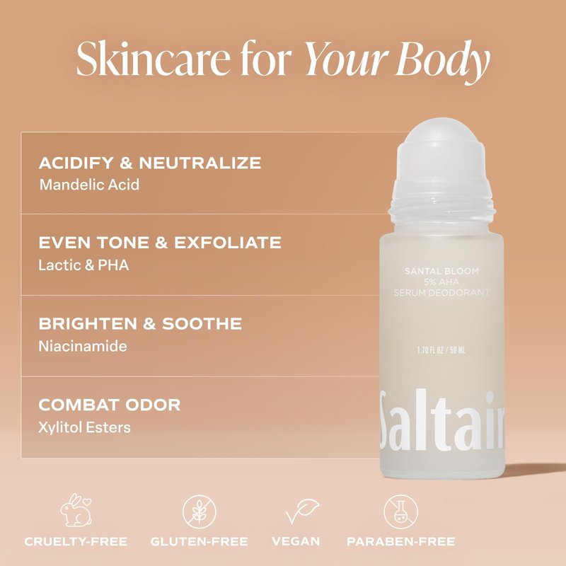Saltair Serum Deodorant 2 Pack – Santal Bloom Scent – 5% AHA – Aluminum-Free Odor Control for Women & Men – Mandelic Acid Deodorant with Lactic Acid – 2x 1.7oz Travel Roll On
