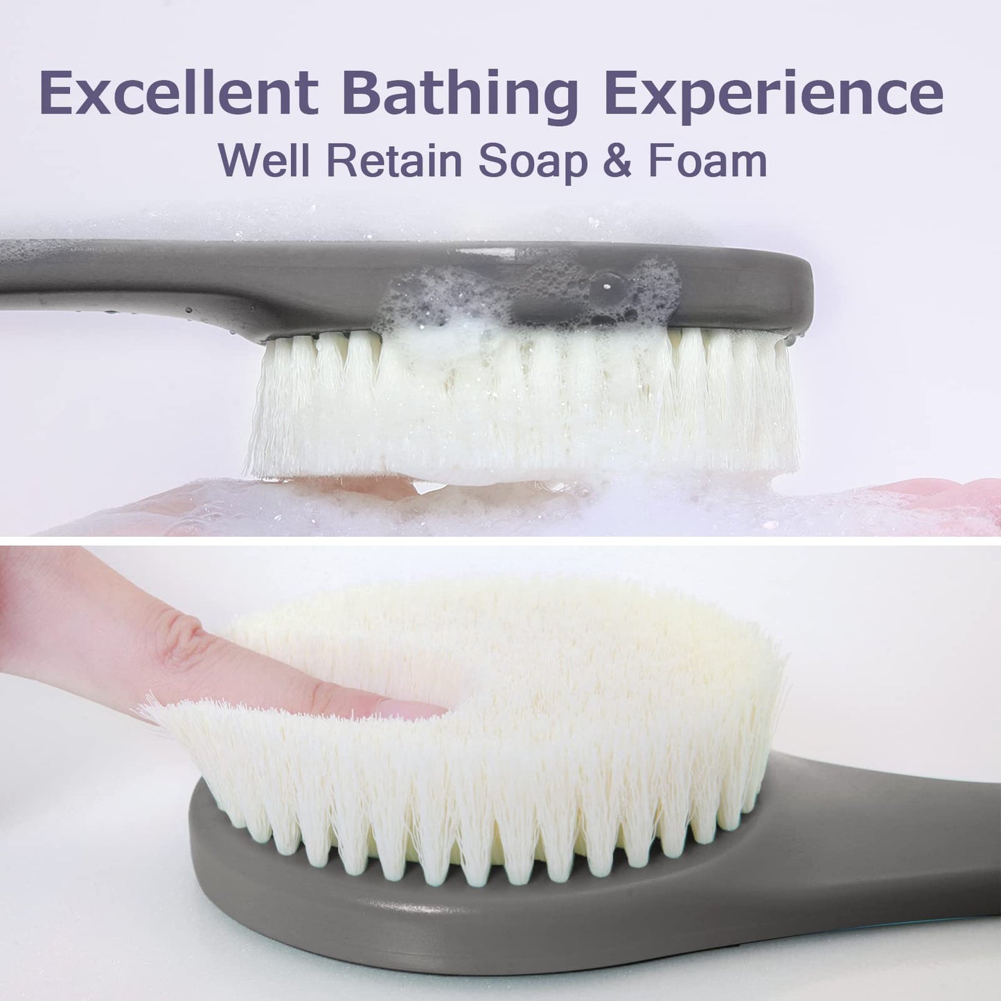ROLIZOE Bath Brush Long Handle for Shower, Soft Bristle Back Scrubber for Shower, Ergonomics Curved Long Handle Back Brush Exfoliating Body Scrubber with Hook and Lanyard-Grey