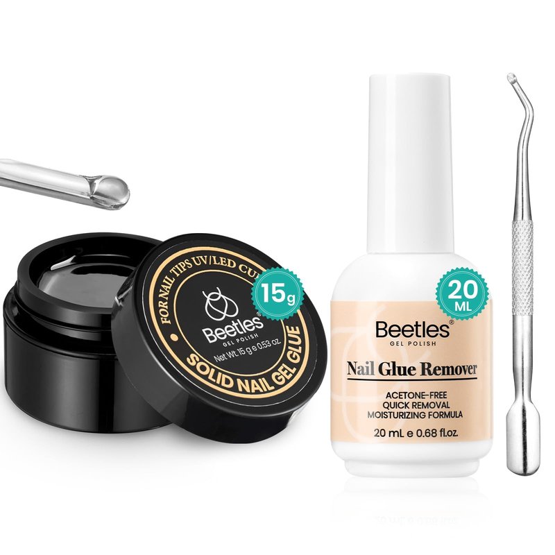 Beetles Solid Nail Glue Gel with 20ml Nail Glue Remover Set 15g for Press On Nails Acrylic Nails Tips U V Light Cured & Solid Glue Remover- Not for Uv Gel Glue