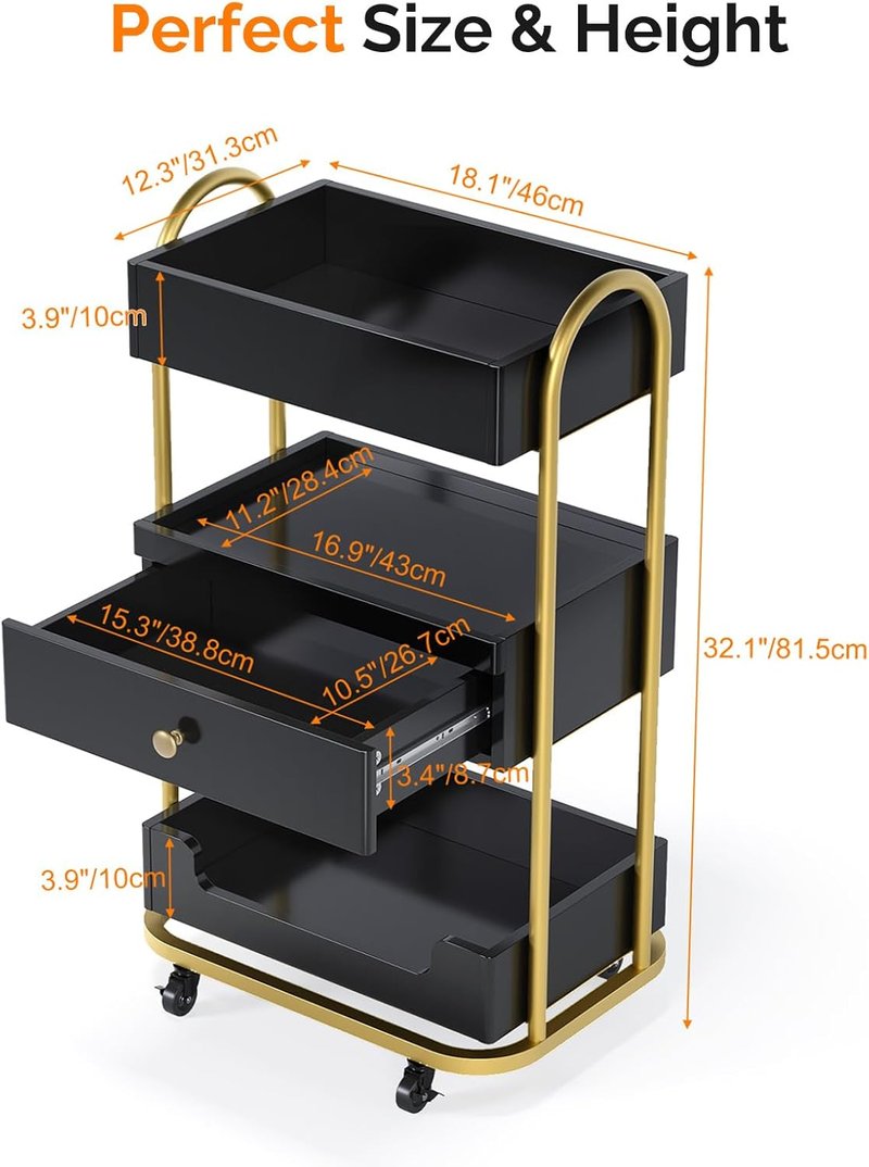 OmySalon Salon Trolley Cart - Mobile Hair Styling Station with 3 Trays & 1 Drawer | Black