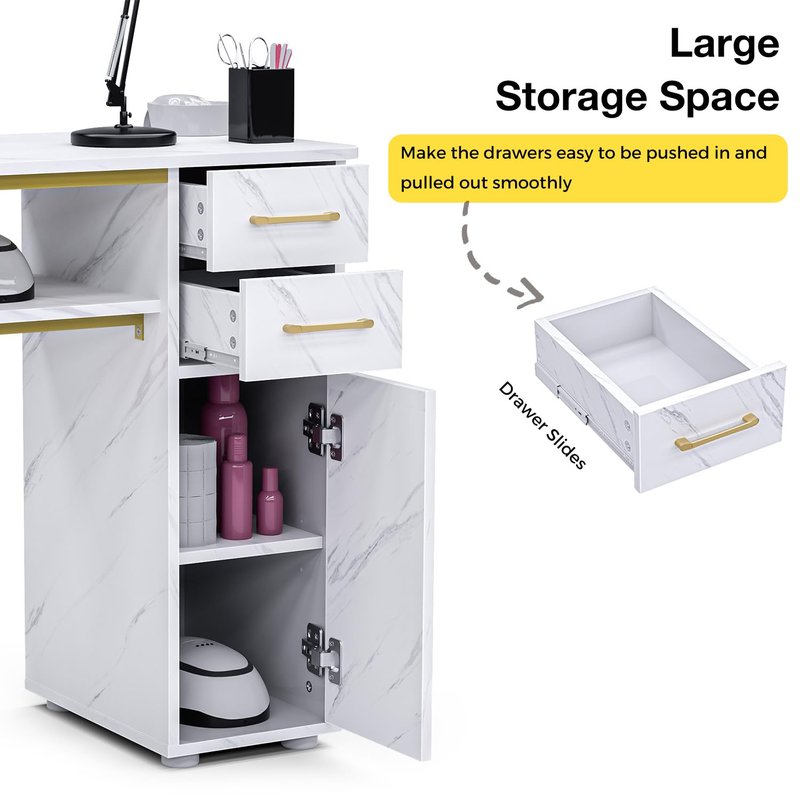 Kikihuose Manicure Table Nail Desk for Nail Tech, Professional Nail Table with Stool, Dust Collector, Dust Bag & Wrist Cushion，Modern Multipurpose Table with Storage Cabinet & Drawers, White