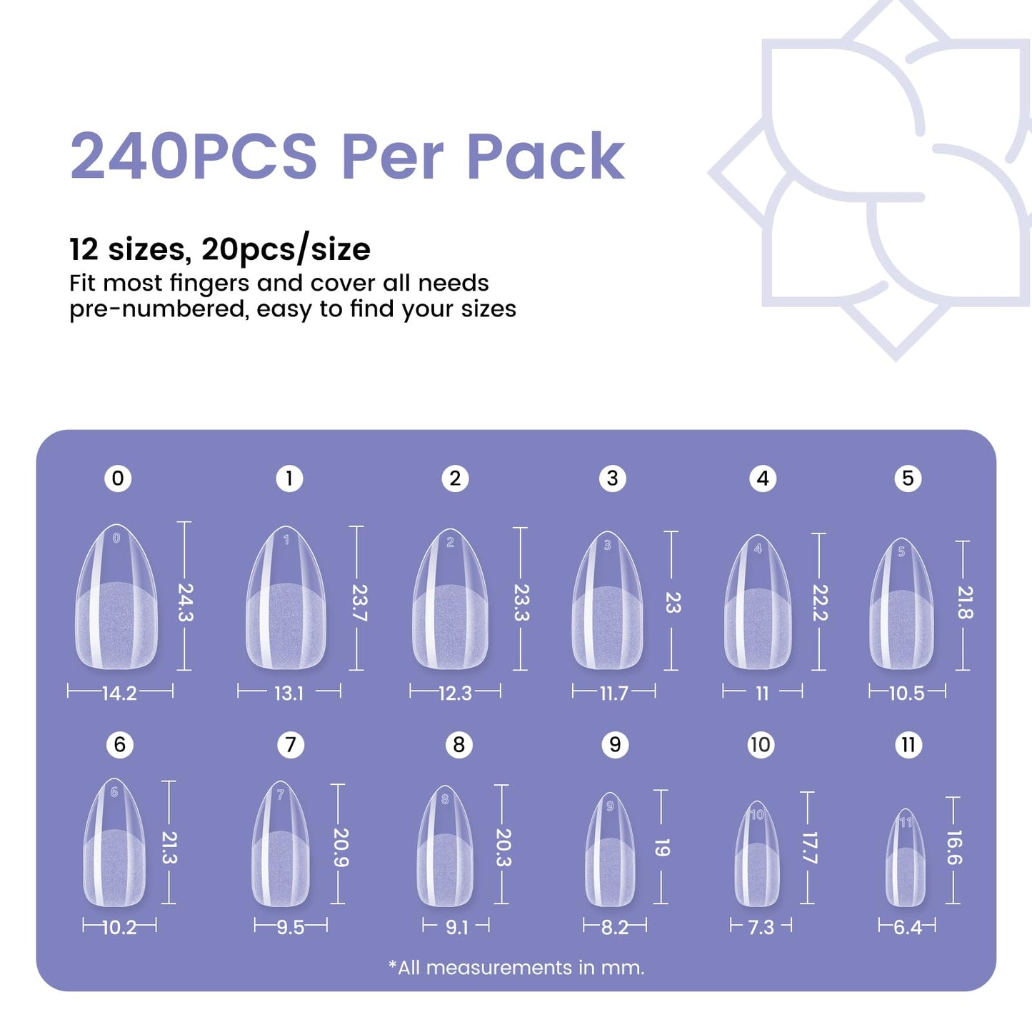 Wilfniee Medium Almond Nail Tips: 240PCS Soft Gel Clear Almond Pre-Shaped Nails Tips, 12 Sizes Full Cover Fake Press on Nails for Acrylic Nail Tip Home DIY Salon Nails