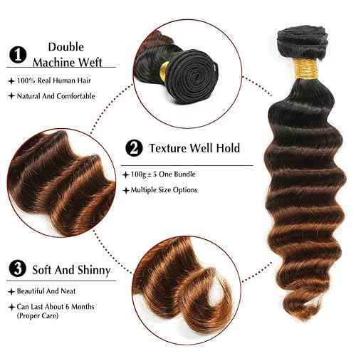 Ombre Deep Wave Bundles Human Hair 30 32 34 Inch Brown Loose Deep Human Hair Bundles Unprocessed Brazilian Virgin Remy Hair Extensions 1B/30 Bundles Hair Weave