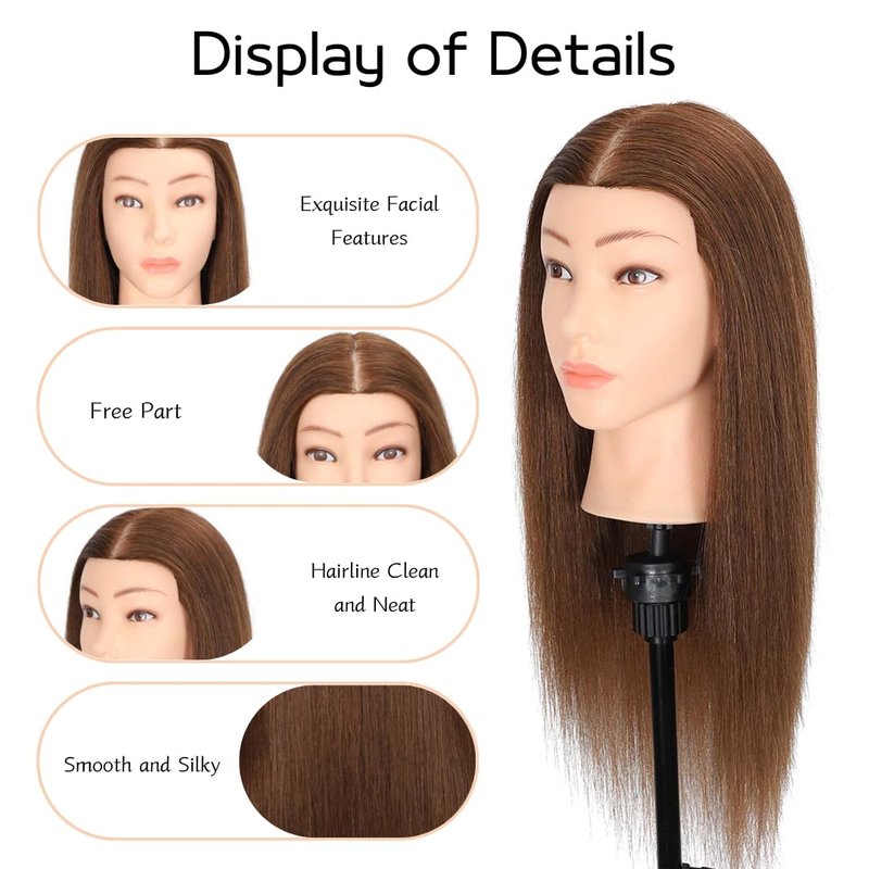 MQHIHI Mannequin Head Human Hair, 100% Real Hair Cosmetology Manikin Head for Practice Braiding Hairstyling Cutting with Free Clamp Holder and Tools (100% Brown)