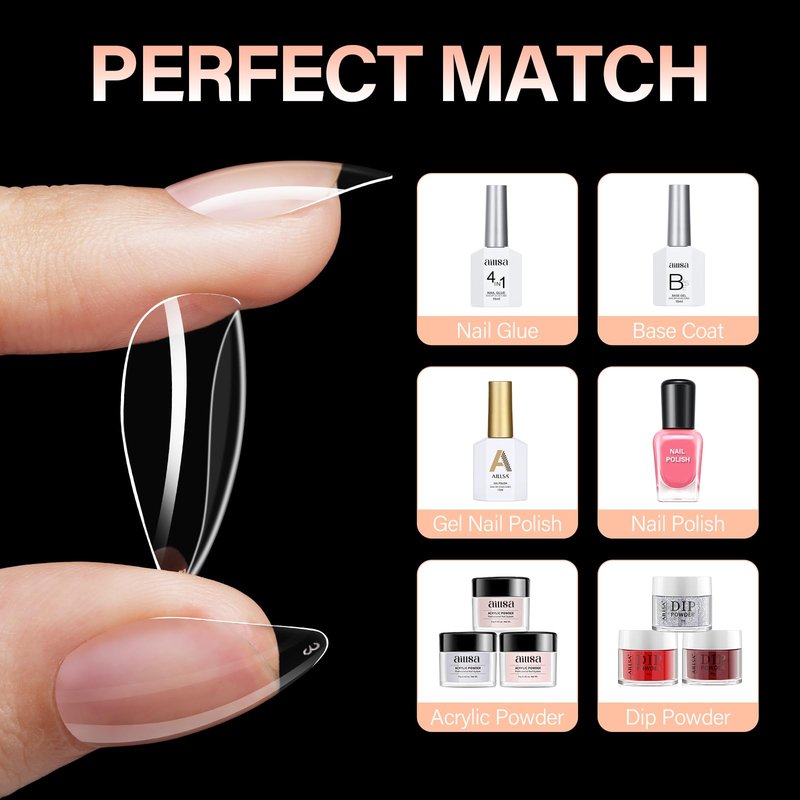 AILLSA Short Stiletto Nail Tips 504PCS Clear Full Cover Soft Nail Tips Gel Fake Nails Tips Preshaped Press on False Gelly Tips for Nail Extension DIY Home Salon Gift, 10 Sizes