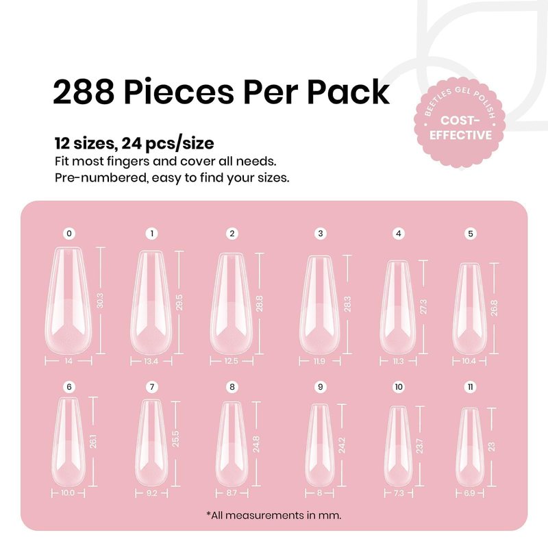 Beetles Coffin Long Gel Nail Tips –Pre-Etched Half Matte Full Cover, 288 Pieces, Pre-Shaped in 12 Sizes for Press-On Extensions