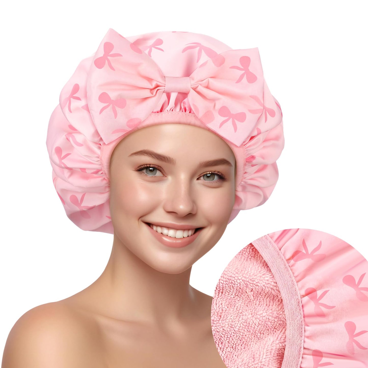 Janmercy Pink Bow Shower Cap for Women Terry Lined Shower Cap Reusable Waterproof Double Layer Bath Bonnet Adjustable Non Slip Quick Dry for Braids Long Straight Curly Hair Women Gifts