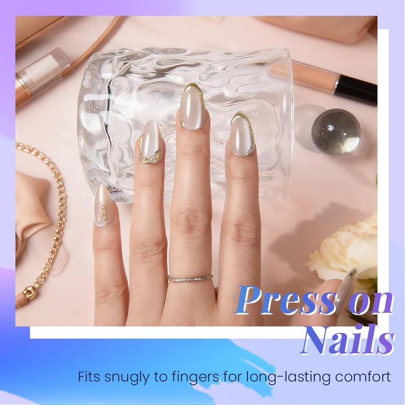 Nude Cat Eye Press-On Nails - Short Almond Shape with Gold Liner Design | Reusable Soft Gel Fake Nails for Women
