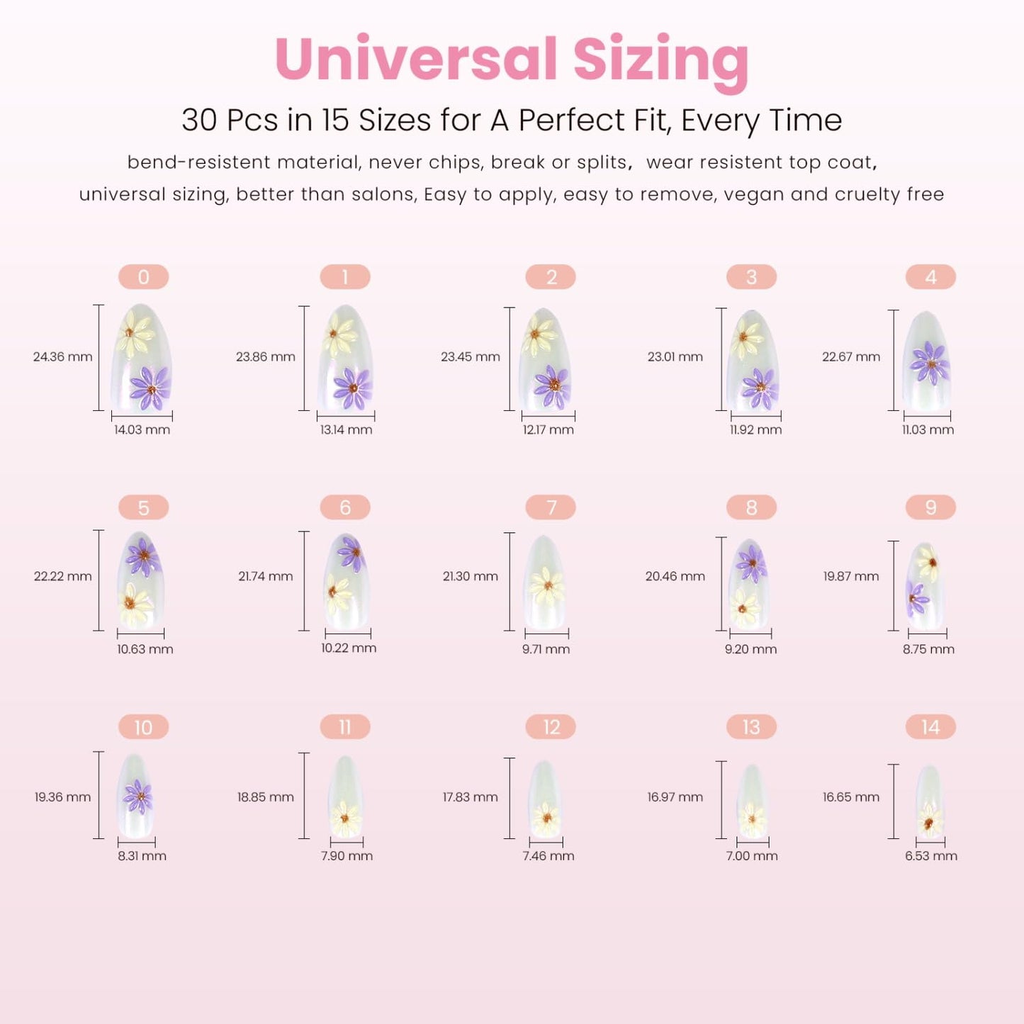Skiennix Press On Nails - 3D Floral Lavender & Gold Shimmer | Medium Almond Shape, Reusable 30 Nail Kit in 15 Sizes