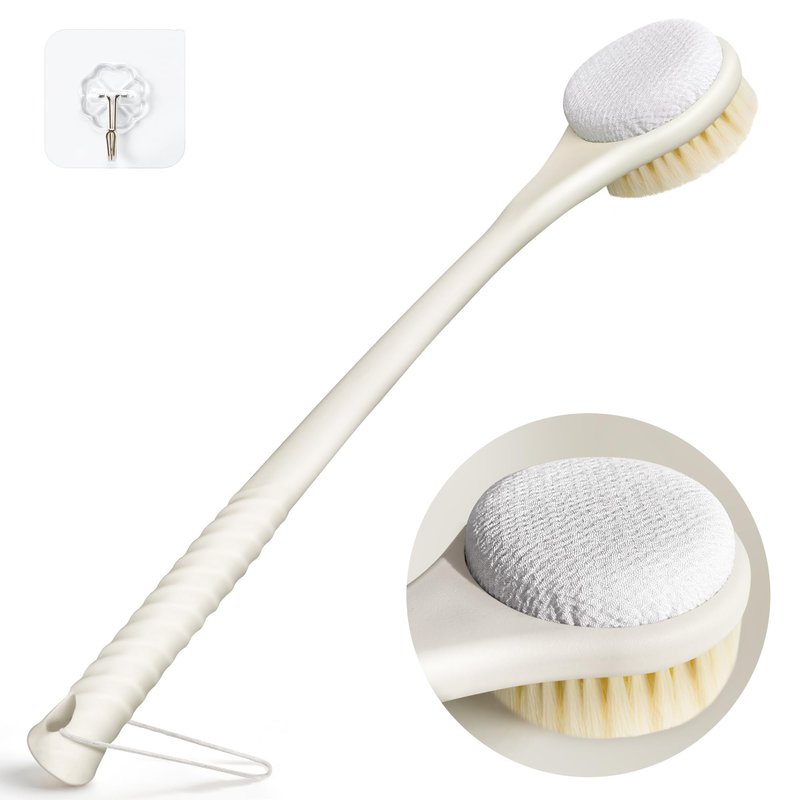 CYMPHW Back Scrubber for Shower with Long Handle, Dual-Sided Bath Brush with Soft Bristles & 150D Exfoliating Cloth, Anti-Slip Grip, Lightweight Back Washer for Shower, Men & Women (Light Yellow)
