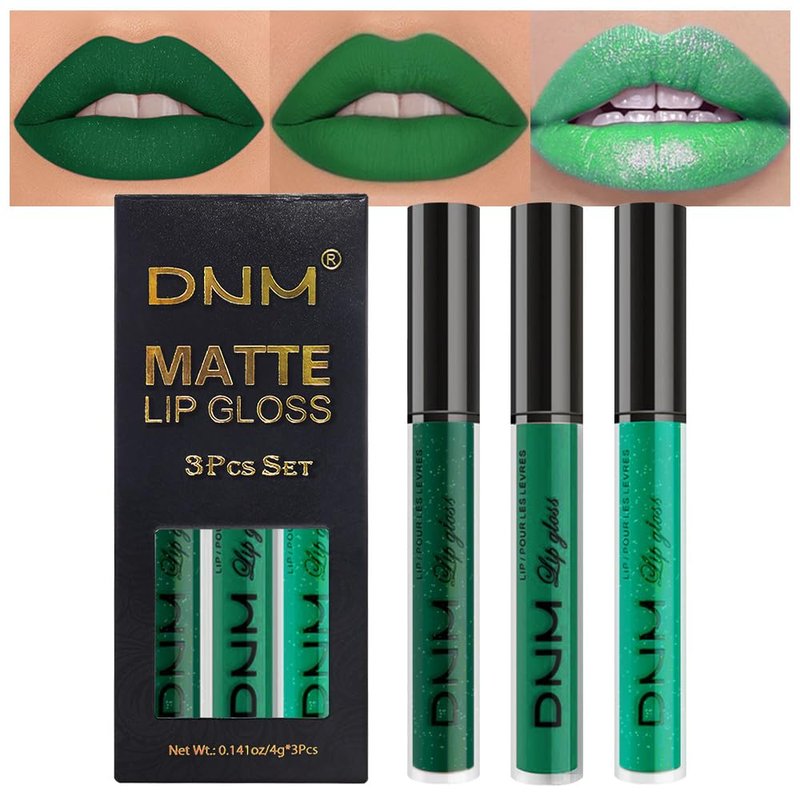evpct 3Pcs Green Matte Glitter Liquid Lipstick Lip Stain Sets for Women, Matte Shimmer Lipstick Long Lasting Waterproof Permanent 24 Hours original, Magic Lip Sticks Pack for Halloween Daily Makeup