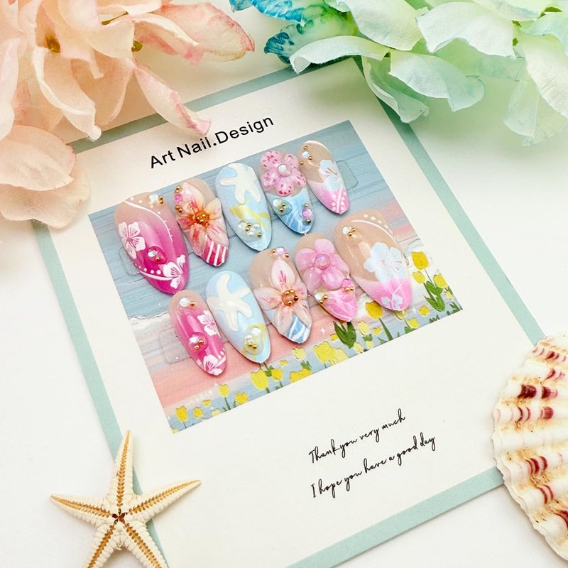 30Pcs 3D Tropical Flower Press on Nails Medium Almond Handmade Fake Nails with Hibiscus Floral Starfish Designs Pink Blue Gradient French Tip False Nails Reusable Summer Beach Acrylic Nails for Women