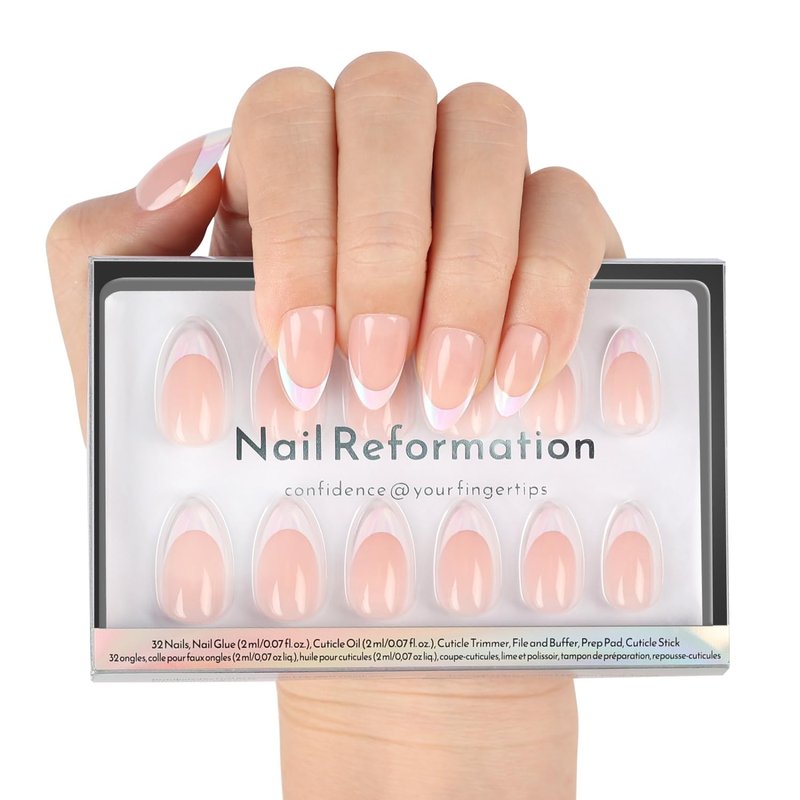 Nail Reformation Press On Nails, Mirror Effect | Short Almond Fake Nails in White French Tip on Pink Gradient Metallic Base, Reusable Stick On Nails in 16 Sizes - 32 False Nail Kit for Women Gifts