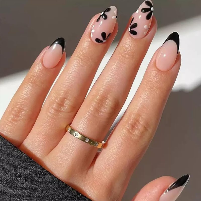 Skiennix Flower Press On Nails - Medium Almond French Tip Design - 144 Pcs Full Cover Glossy Acrylic