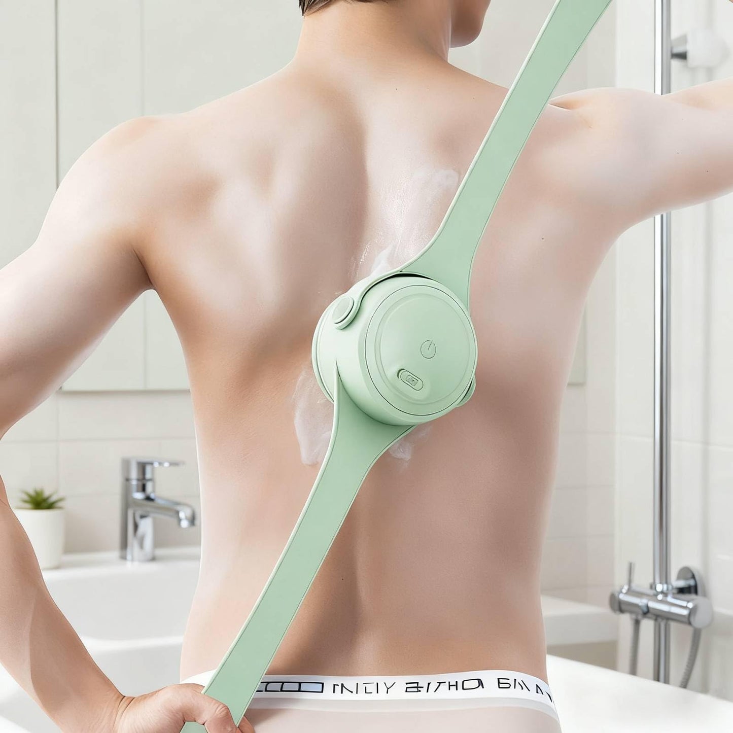 Rechargeable Electric Body & Back Scrubber Brush – Waterproof Spinning Bath Brush with Dual Long Handles & 5 Replaceable Heads for Deep Cleansing, Exfoliating & Massage