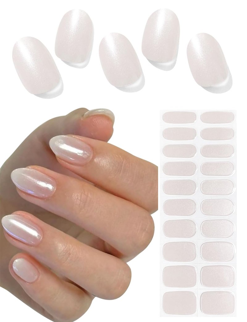 Semi Cured Gel Nail Strips, 20pcs Glazed Donut Milky, Pearl White Gel Nail Stickers for Home Nails DIY