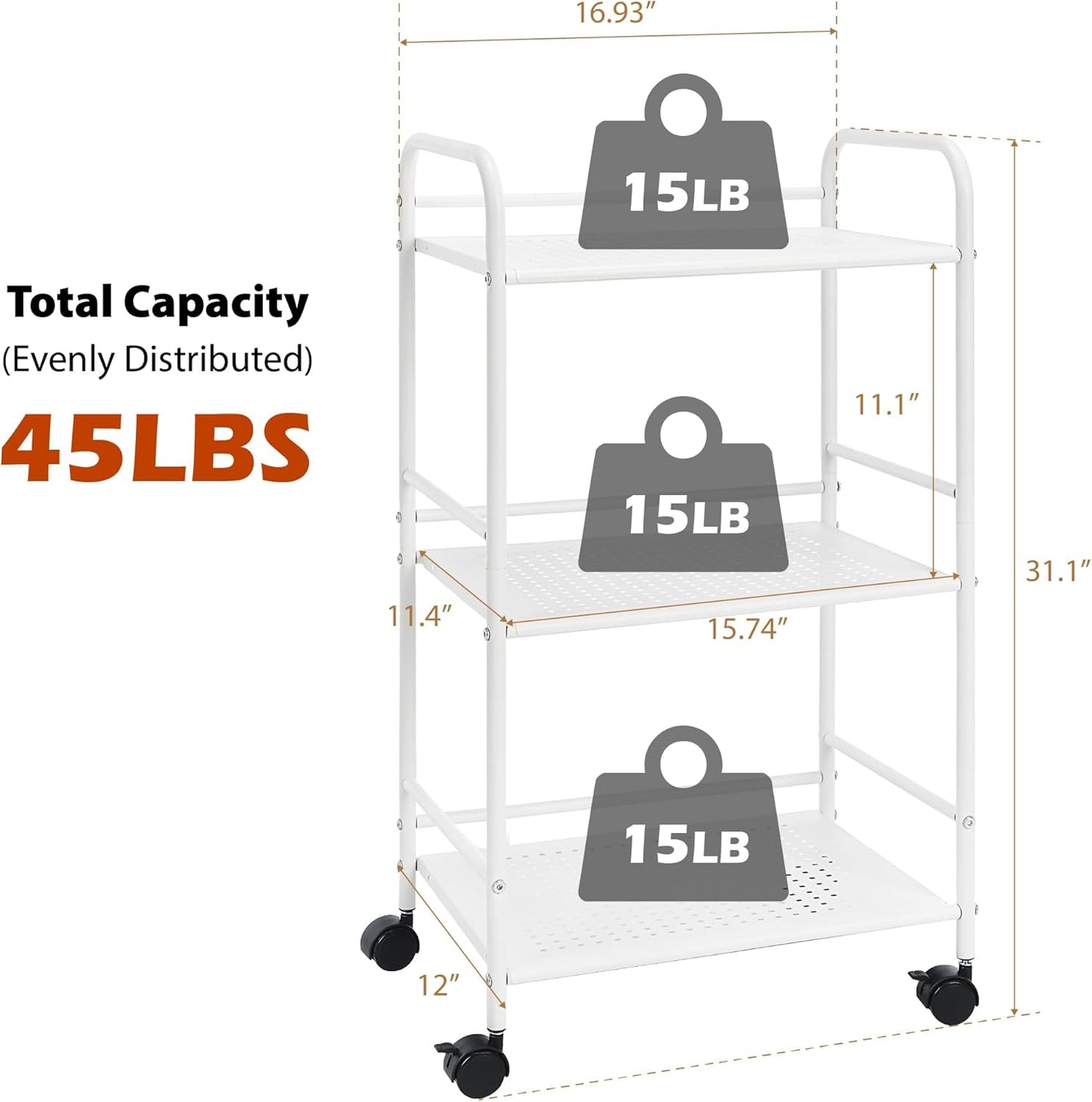SunnyPoint 3-Tier Rolling Utility Cart - Metal Storage Organizer with Wheels | Mobile Kitchen & Office Cart, White, 12"D x 16.92"W x 31.1"H