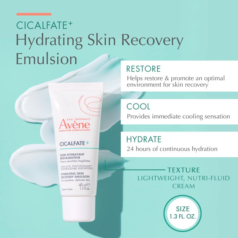 Avène Cicalfate+ Hydrating Skin Recovery Emulsion - 24HR Barrier Repair for Post-Procedure & Tattoo | 1.3 Fl Oz