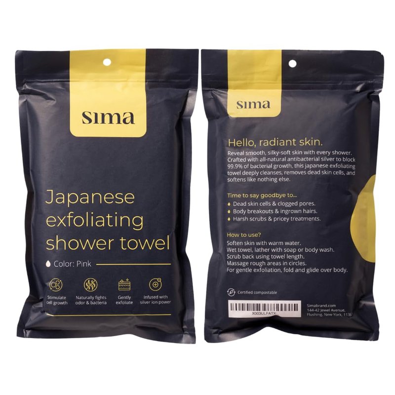 Sima Brand Exfoliating Washcloth Face & Body Scrub Towel - Japanese Exfoliating Towel with Hexagon Fibers, Body Scrubber with 2 Sides for Scrubbing & Washing, Extra Long Body Towels (Pink)