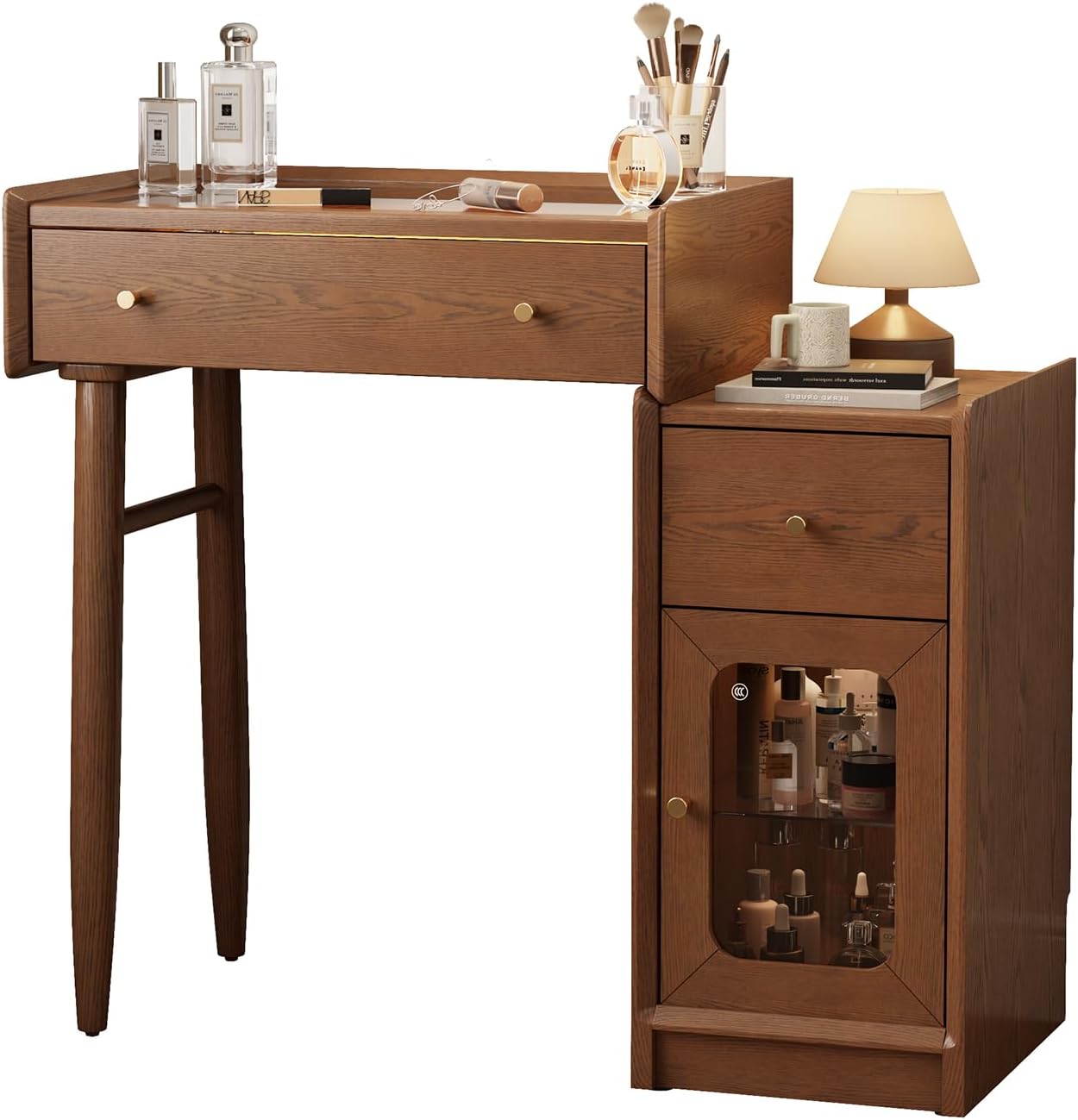 Walnut Luxury 100% Solid Wood Vanity Desk - Mid-Century Modern Makeup Table with Mirror & Ambient Light
