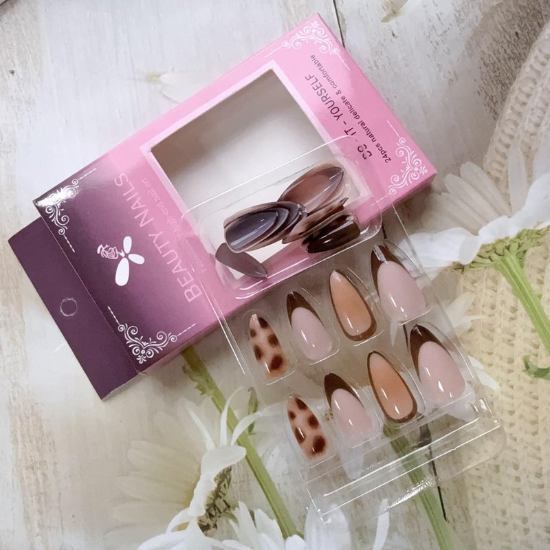 Almond Press on Nails Short Fall Fake Nails with Designs Press on Almond Nails Glossy French Tip Gel False Nails Kits Brown Acrylic Full Cover Stick on Nail for Women 24PCS