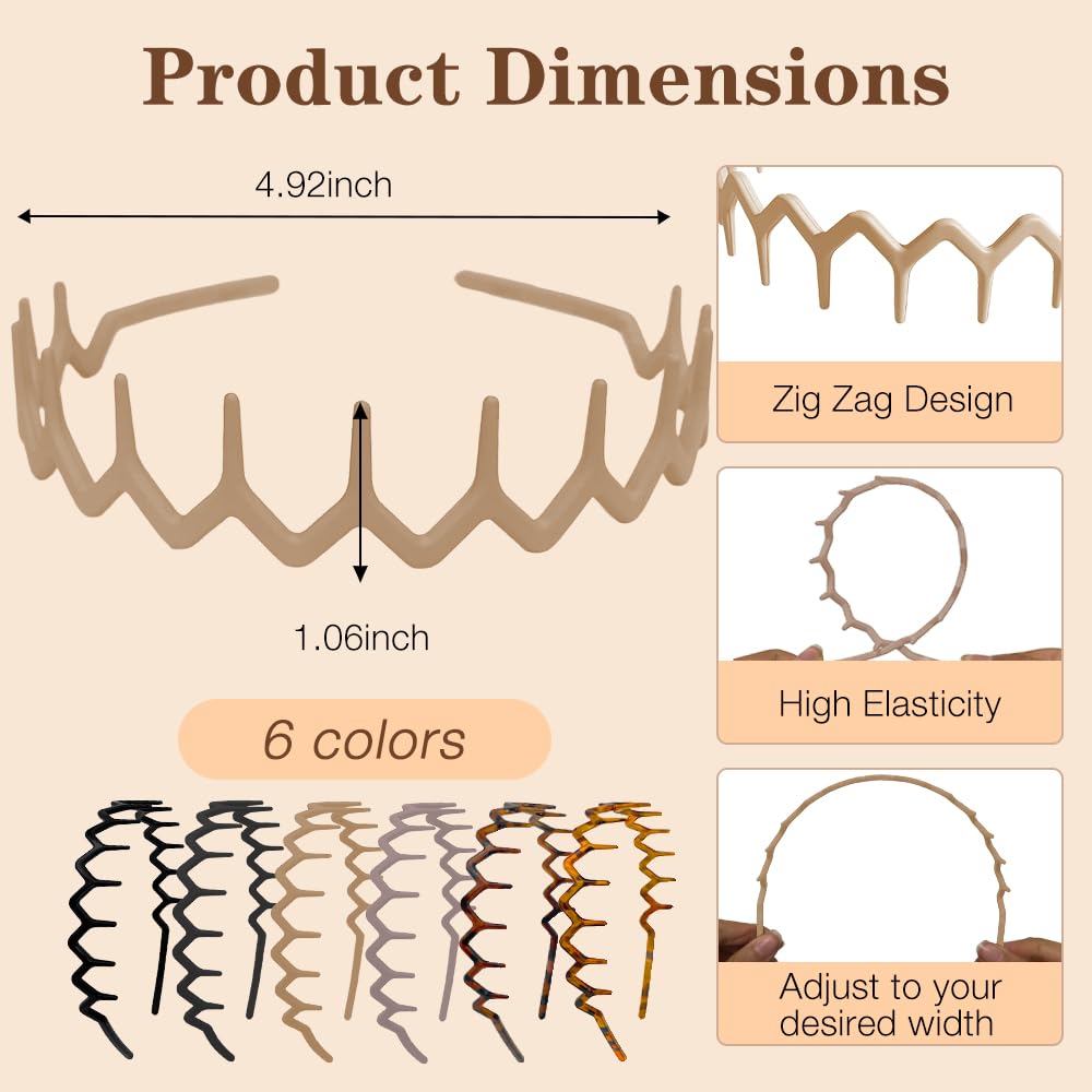 Zig Zag Headbands for Women - Non-Slip Plastic Hair Bands | 6 Pack, 90s Retro Style Hair Accessories