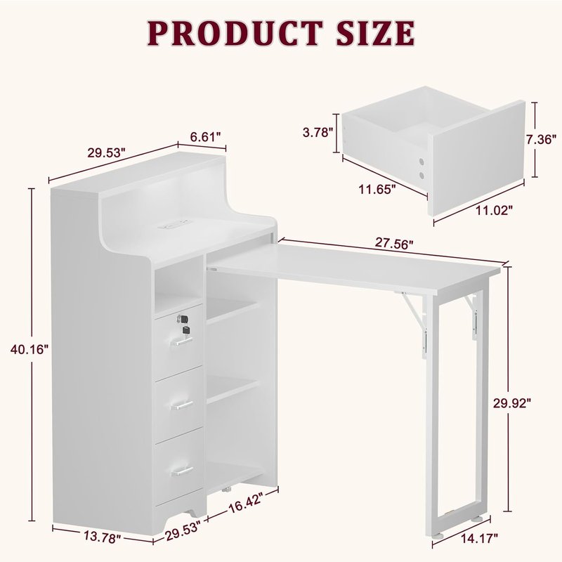 Skiennix Foldable Nail Desk - Portable Manicure Table with Power Outlets & Lockable Drawer | White L-Shape Workstation for Home Salon