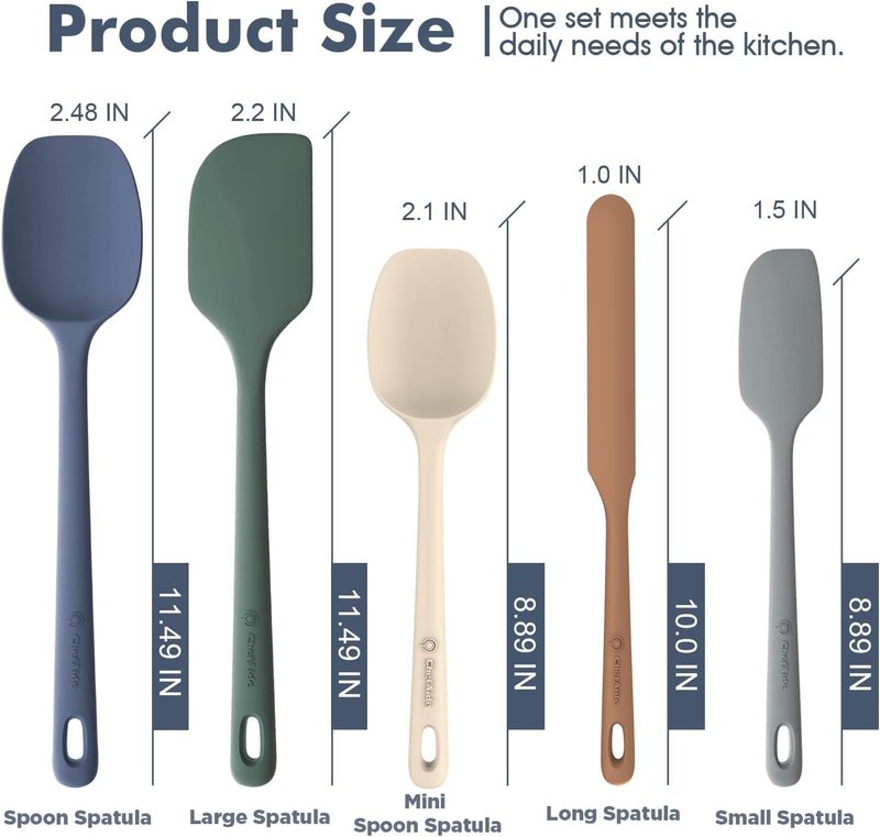 ChefAide Silicone Spatula Set - 5 Pieces, Ergonomic Grip, Heat Resistant Up to 600°F for Nonstick Cookware