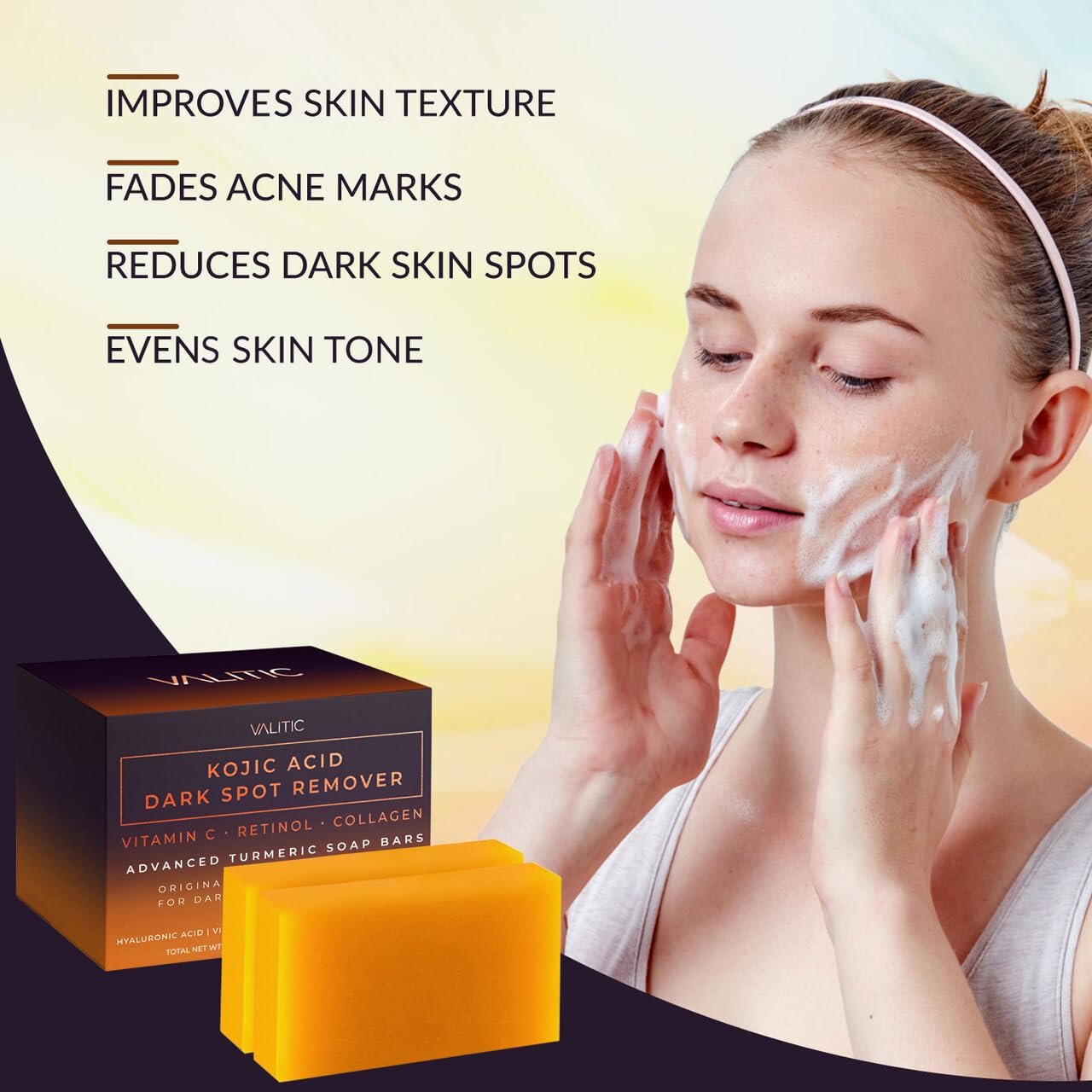 VALITIC Kojic Acid Dark Spot Remover Soap Bars with Vitamin C, Retinol, Collagen, Turmeric - Original Japanese Complex - Hyaluronic Acid, Vitamin E, Shea Butter, Olive Oil (2 Pack) - With Soap Holder