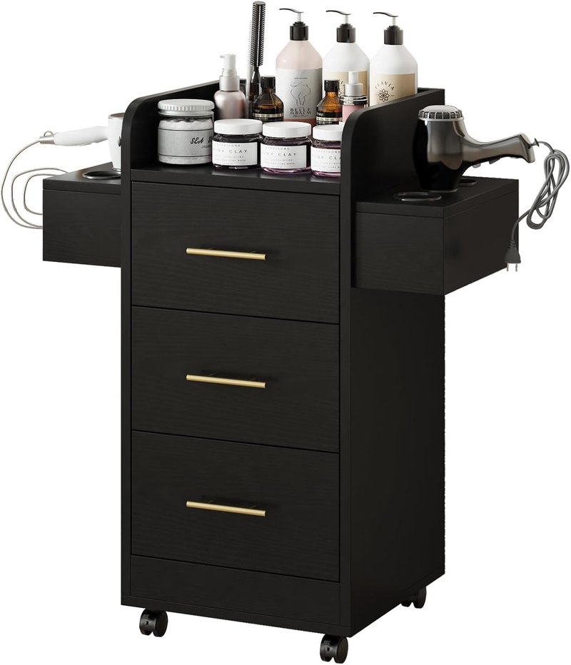 4ever2buy Rolling Salon Station - Hair Stylist Trolley Cart with Wheels, 6 Dryer Holders & 3 Drawers | Black & Gold