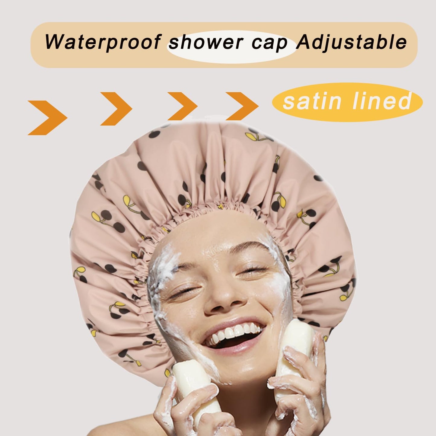 2Pcs Genergy Shower Cap for Women Waterproof, Adjustable Shower Cap Reusable, Luxury Shower Caps Comfortble, Extra Large &Double Layers &Reversible Satin Lined Bonnet(Apricot+Pink flower)