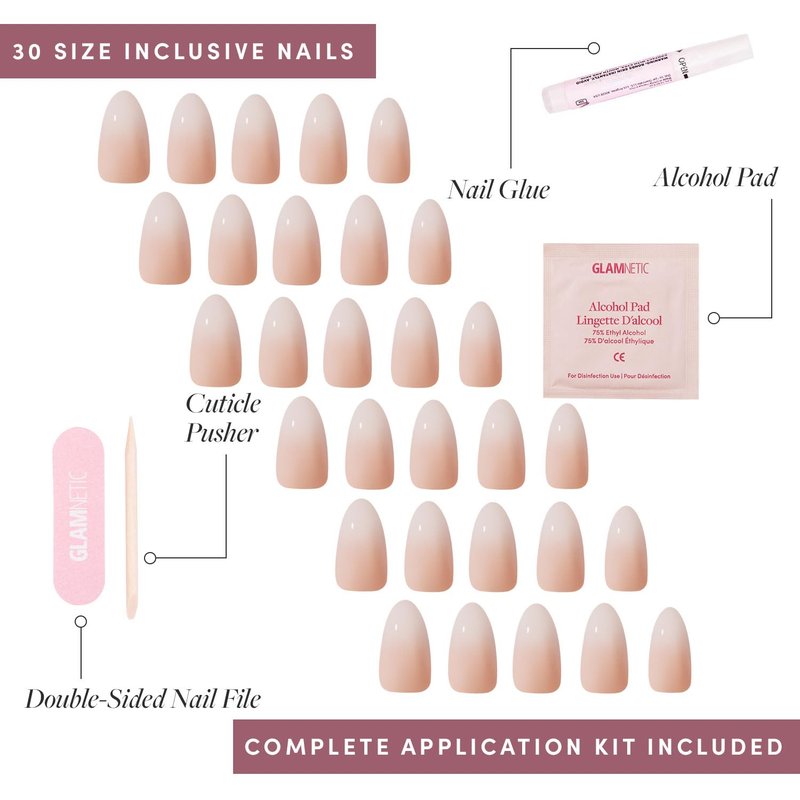 Glamnetic Press On Nails - Fiancéd | Short Almond Fake Nails with a Nude Ombré and Glossy, Glazed Finish, Salon Quality | 15 Sizes - 30 Nail Kit with Glue